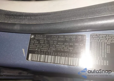 2003 BMW 325I из США, поврежденный, VIN WBAEV334X3KR25382